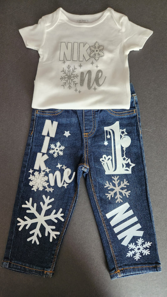 Custom 1st Birthday Winter Onederland 2 pc Outfit (Onsie and Blue Jeans)