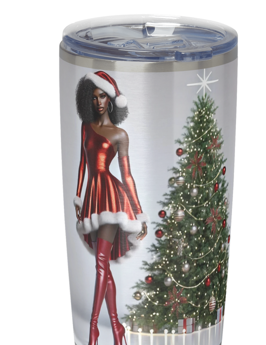 Sexy Black Mrs. Claus (short hair) with Christmas Tree Tumbler